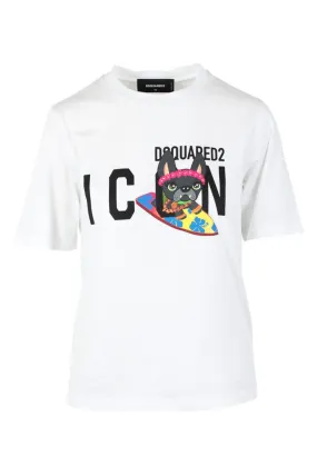 Camiseta blanca con logo icon y perro surfer